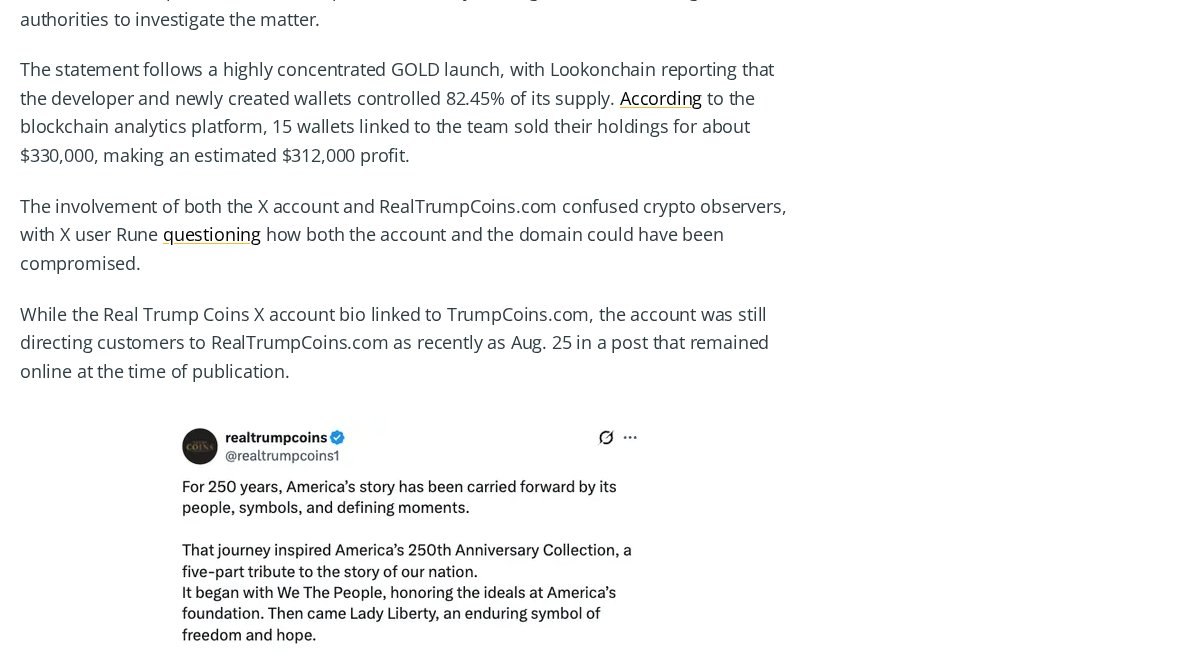 Компания Real Trump Coins опровергла запуск токена GOLD после обвала криптовалюты